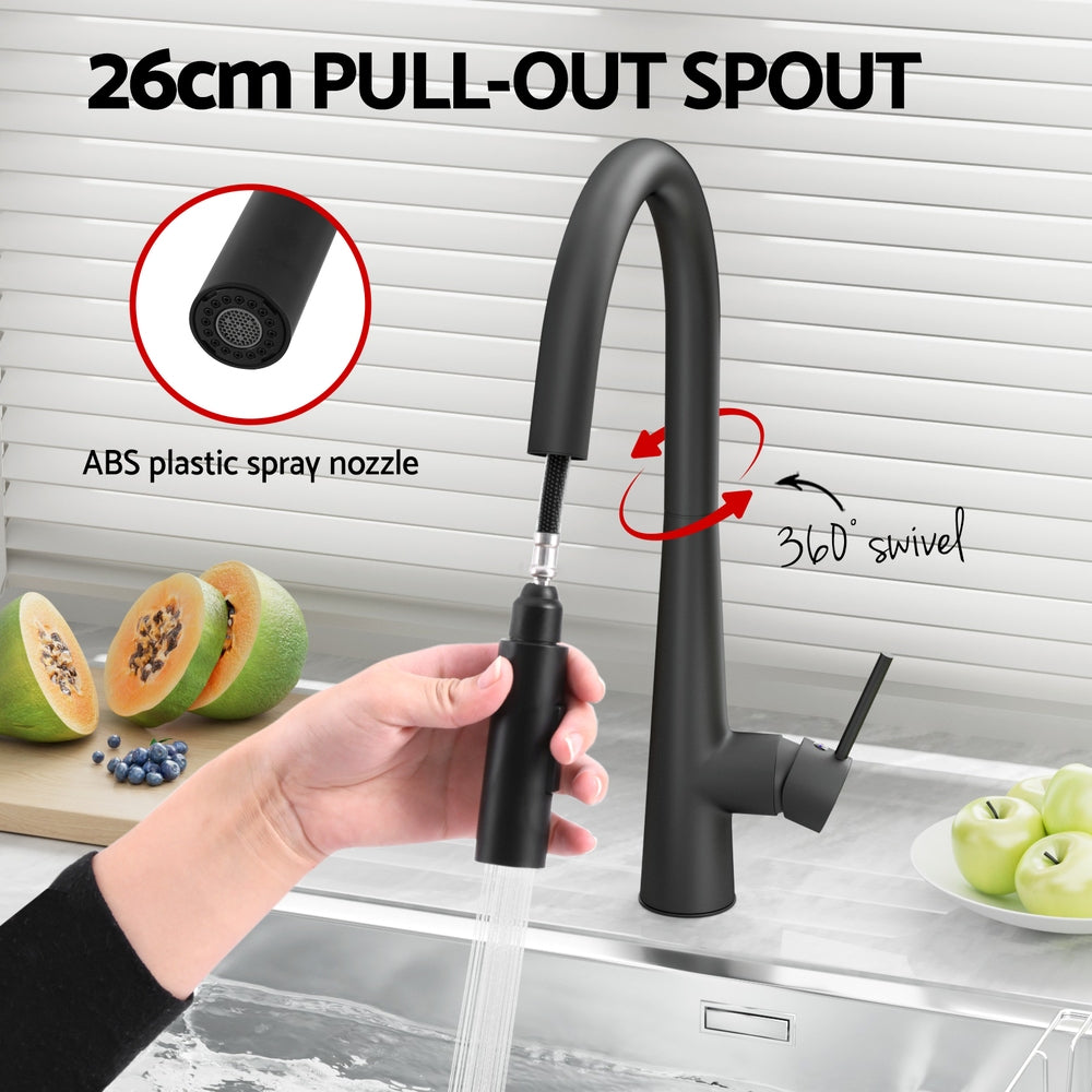Cefito Pull-Out Round Kitchen Mixer Tap Black 2 Mode Sink Faucet WELS - SuperSaverAU - view 4