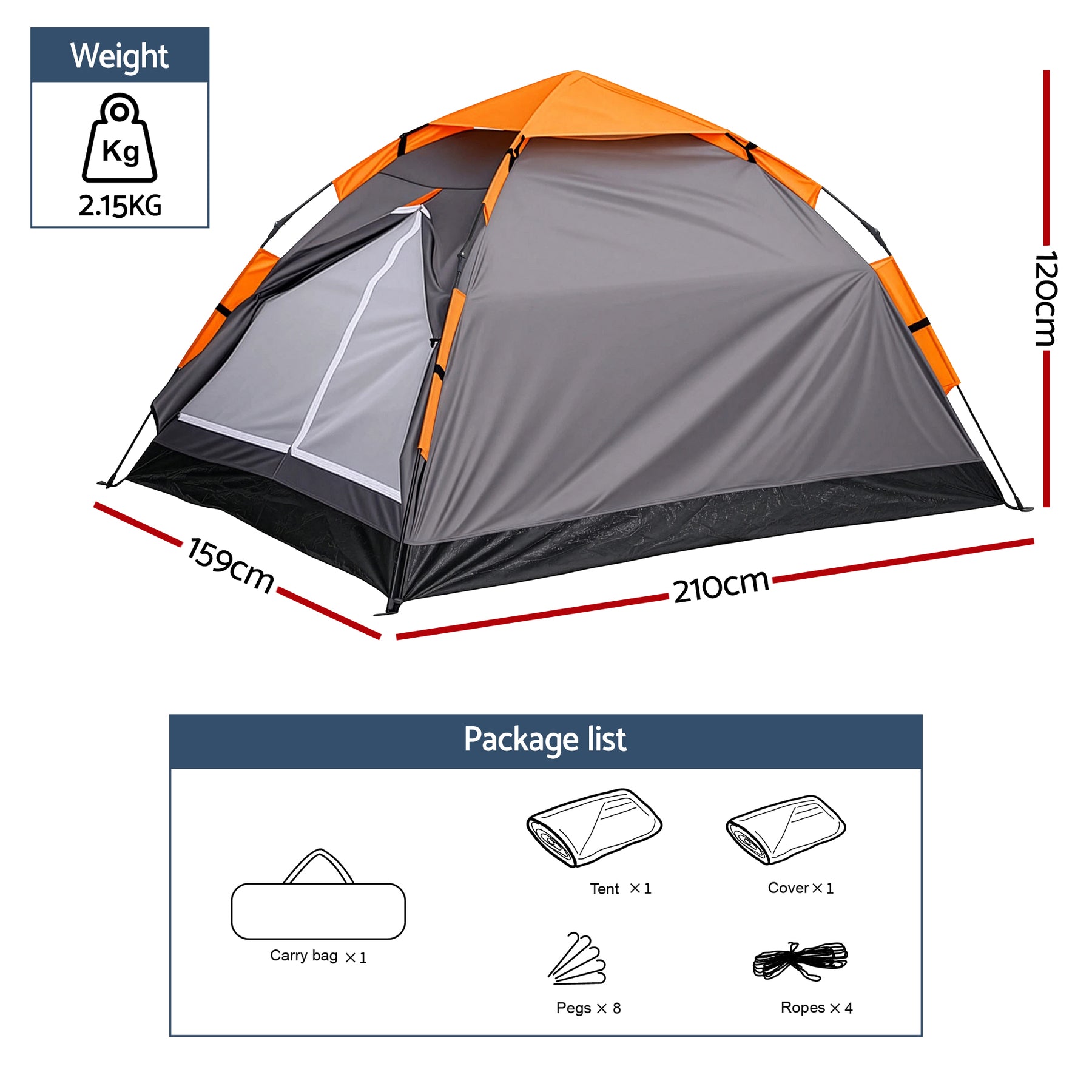 Weisshorn 2 Person Instant Pop Up Camping Tent - Grey/Orange