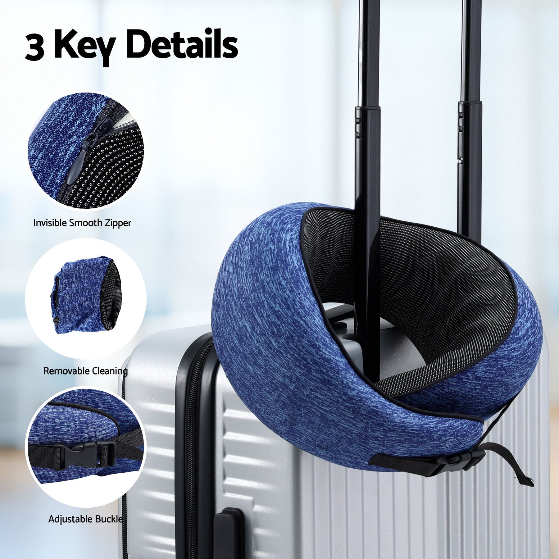 Wanderlite Ergonomic Memory Foam Travel Pillow – Blue with Washable Cover