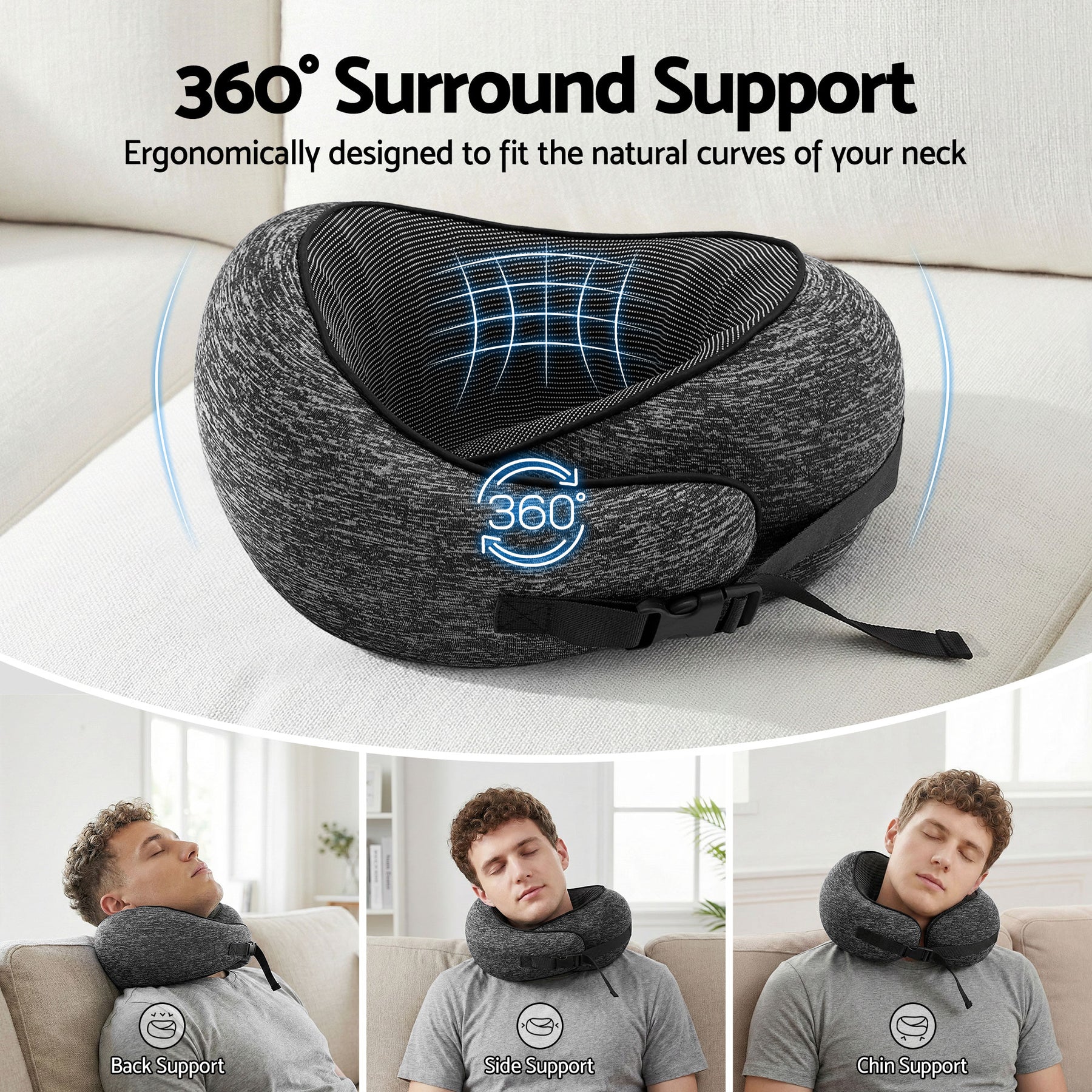 Wanderlite Ergonomic Memory Foam Travel Pillow – Dark Grey with Washable Cover