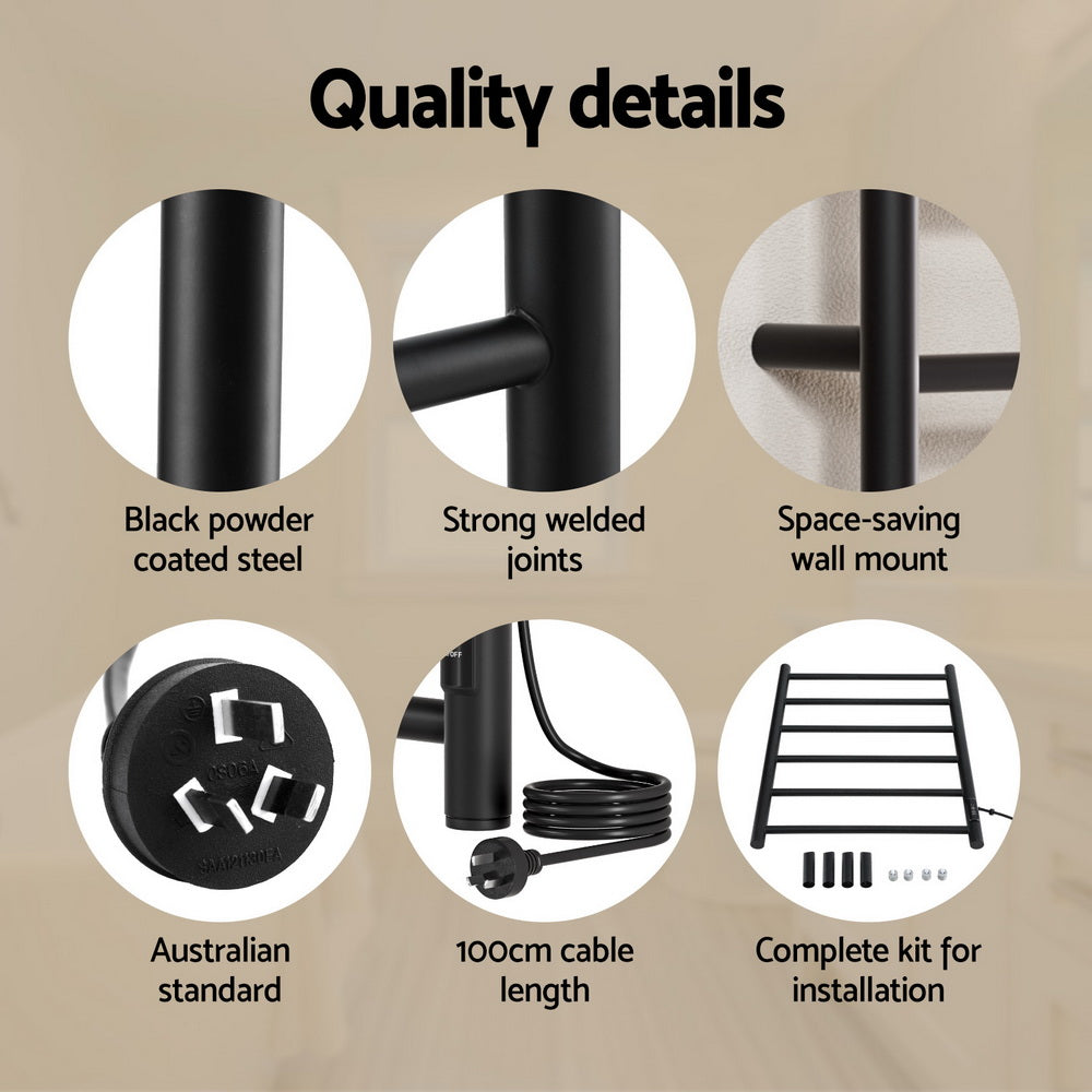 Devanti Heated Towel Rail 6 Round Bars with Timer - Black, 80W