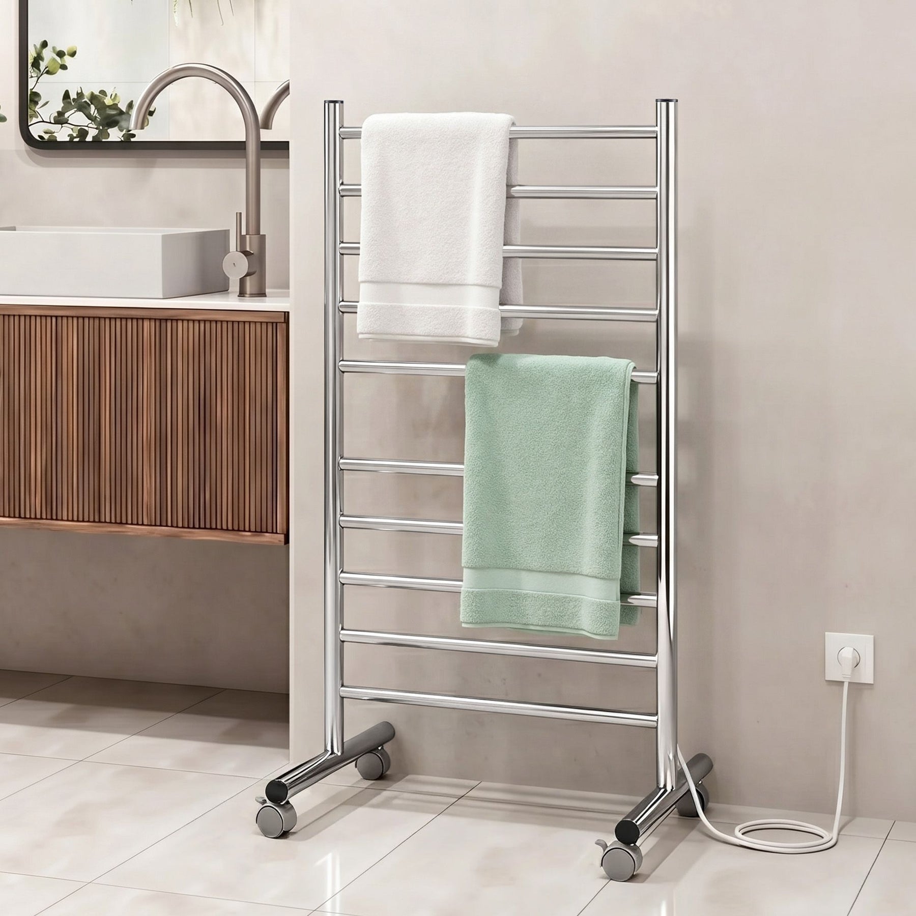 Devanti 10-Bar Freestanding Heated Towel Rail – 100W Stainless Steel, Fast Heating