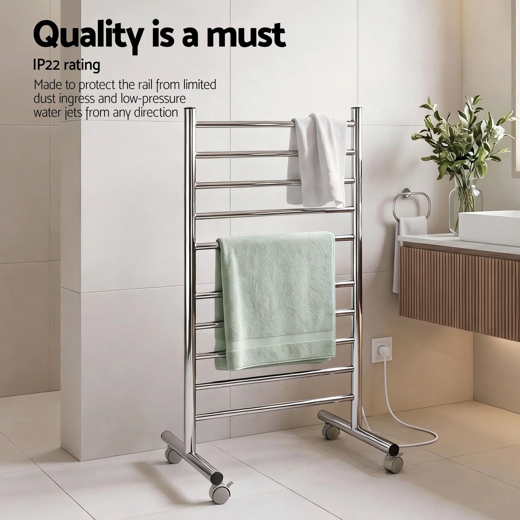 Devanti 10-Bar Freestanding Heated Towel Rail – 100W Stainless Steel, Fast Heating