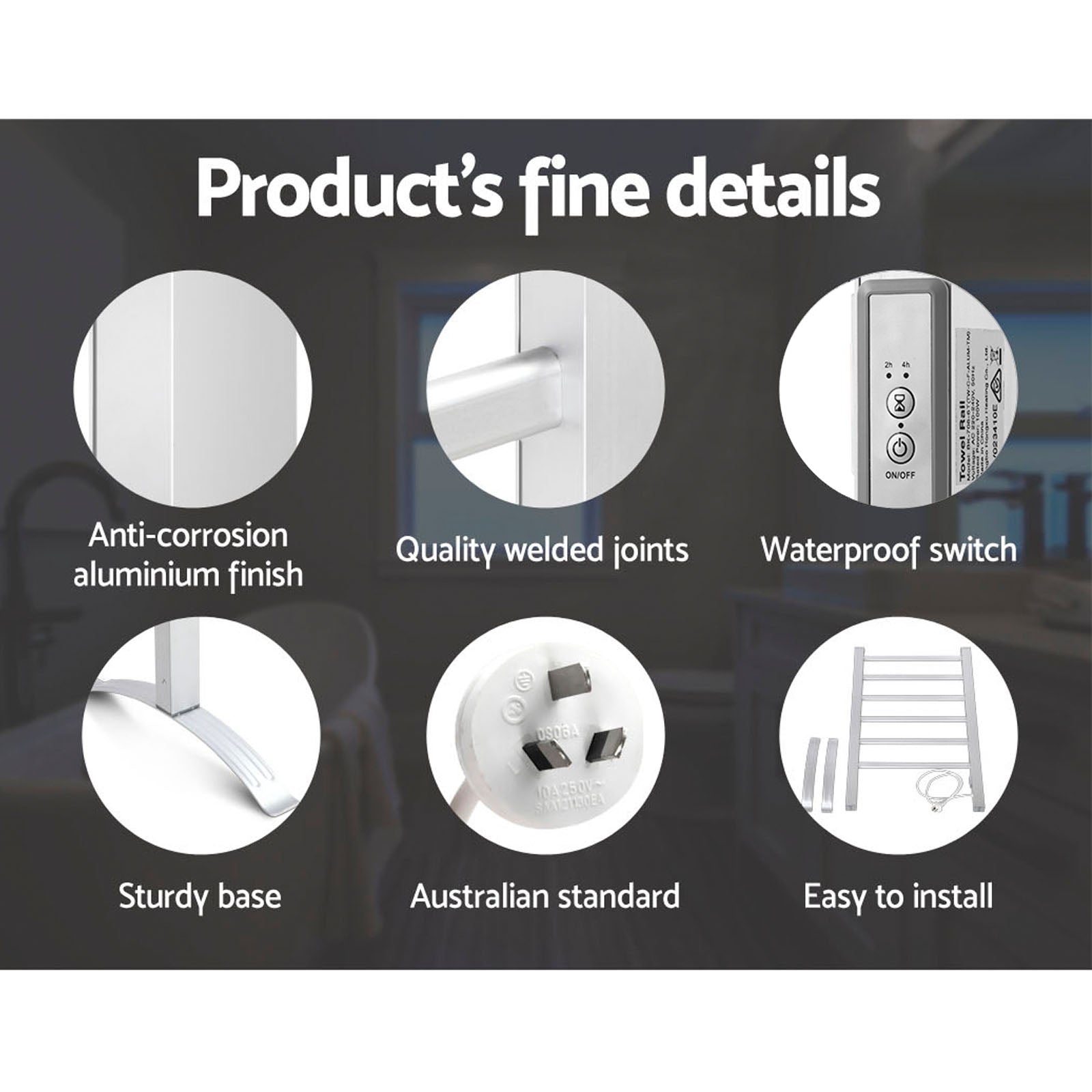 Devanti Heated Towel Rail Rack 6 Bars, 40-50C, Timer, Portable, Easy Install - SuperSaverAU - view 5