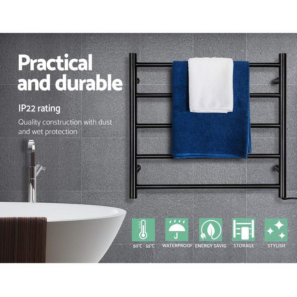 Devanti Heated Towel Rail Rack 5 Bars Wall Mounted, 40-50°C, Energy-Efficient - SuperSaverAU - view 2