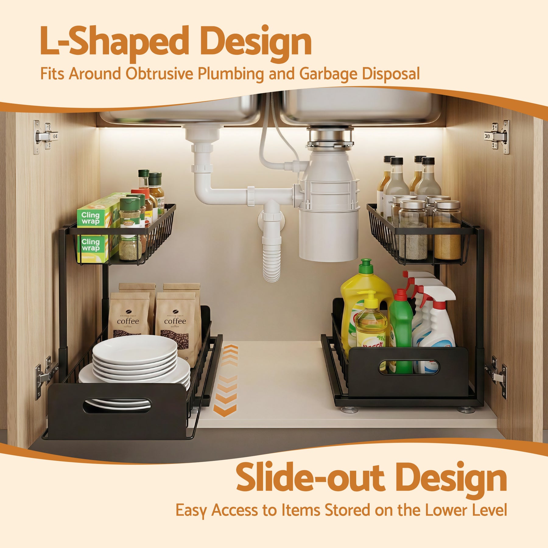 Artiss L Shape Under Sink Organiser Black Pull Out Kitchen Bathroom Storage Shelf