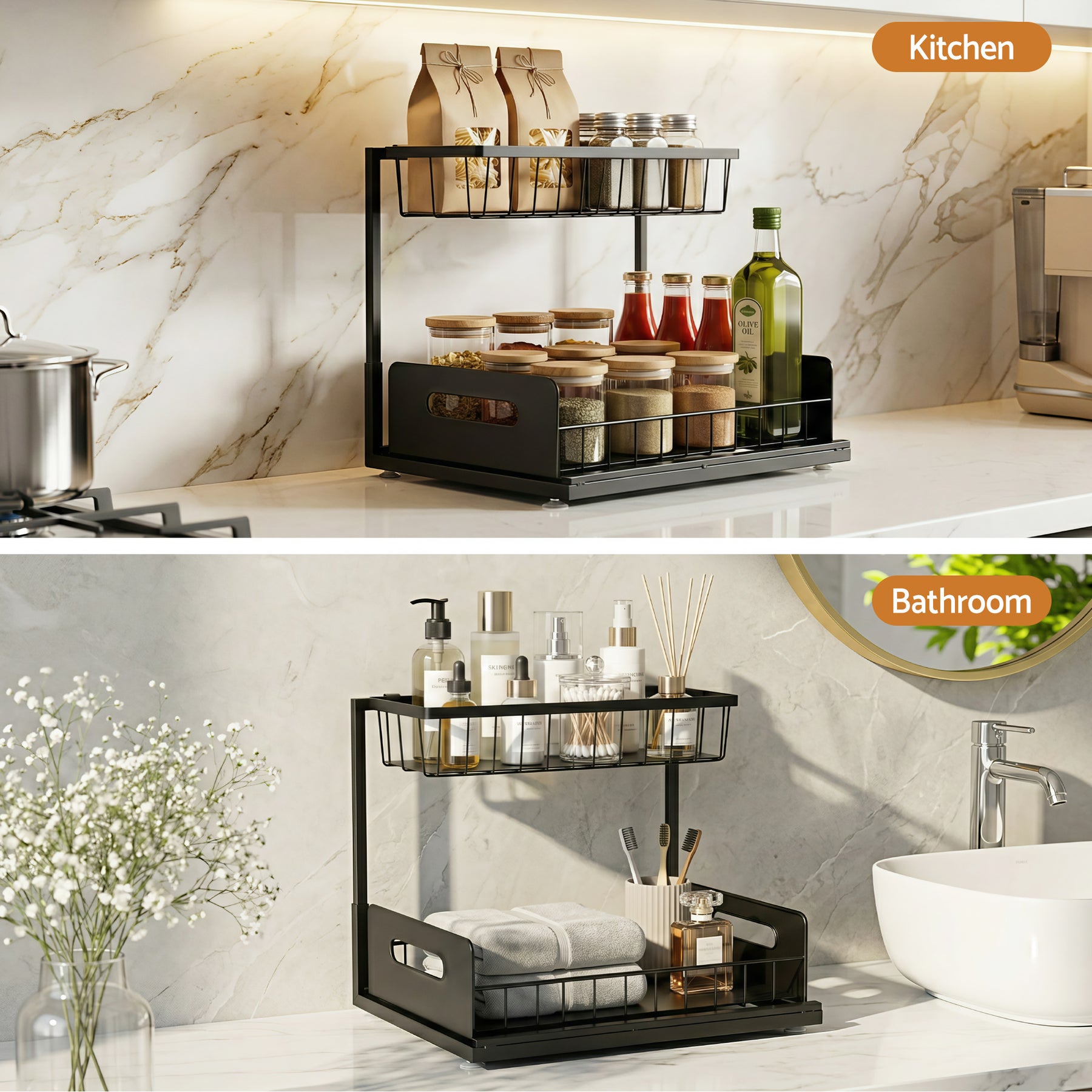 Artiss L Shape Under Sink Organiser Black Pull Out Kitchen Bathroom Storage Shelf