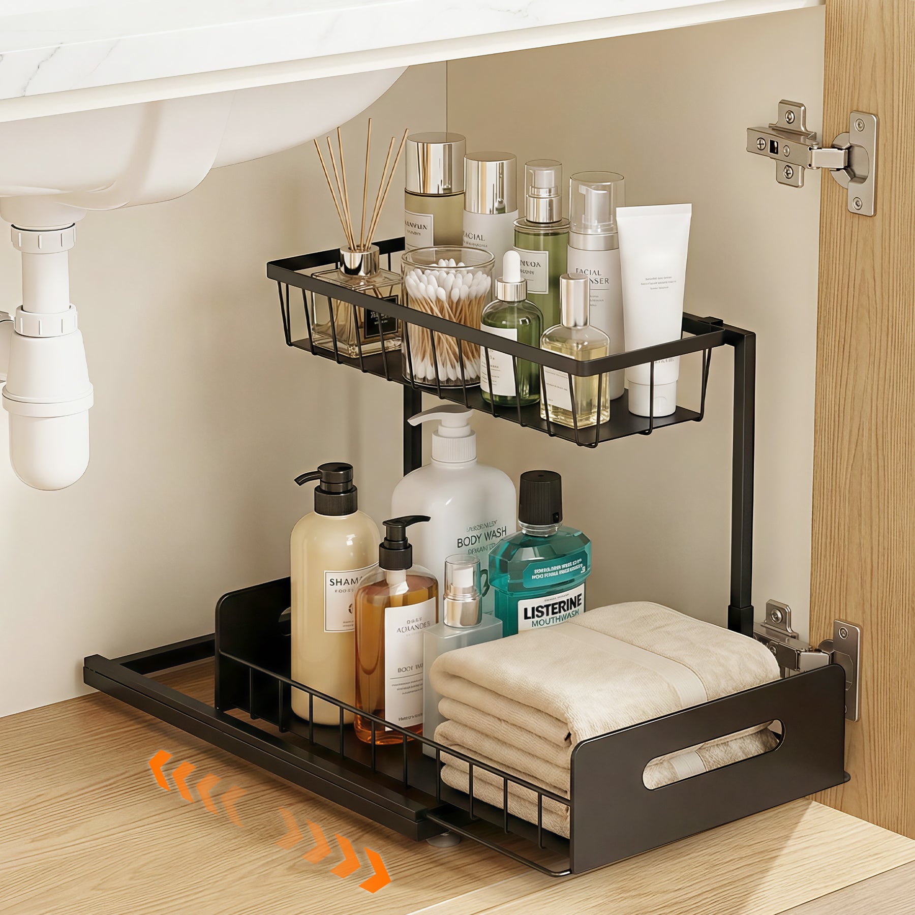 Artiss L Shape Under Sink Organiser Black Pull Out Kitchen Bathroom Storage Shelf