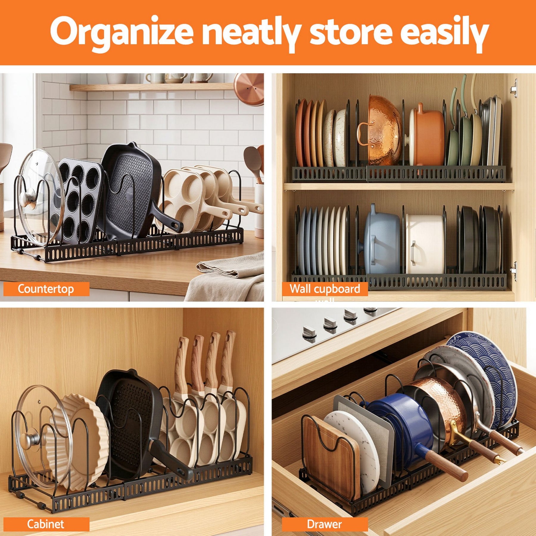 Artiss Expandable Pots and Pans Organizer Rack - Black