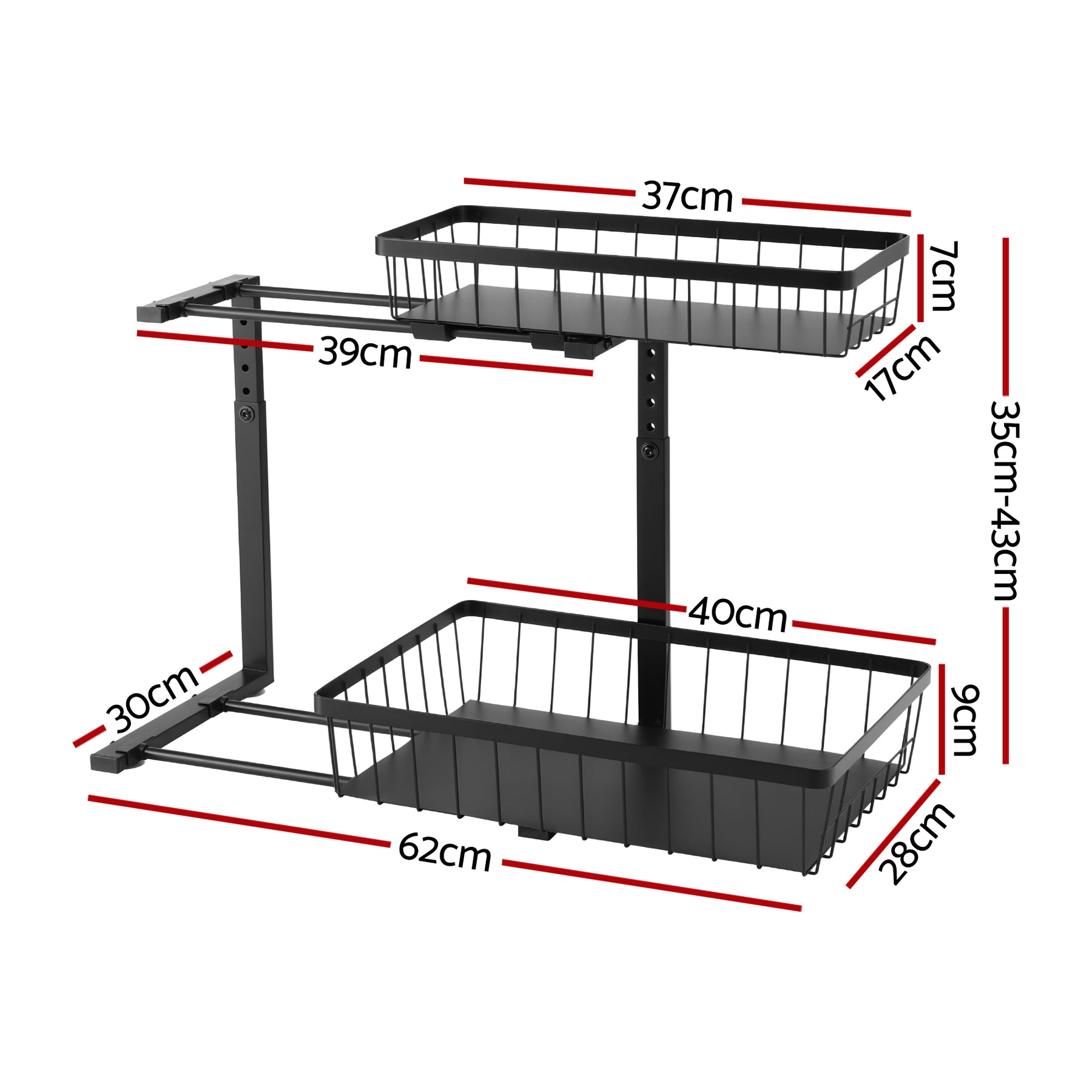 Artiss Black Under Sink Organiser with 2 Slide Out Drawers and 5 Adjustable Heights