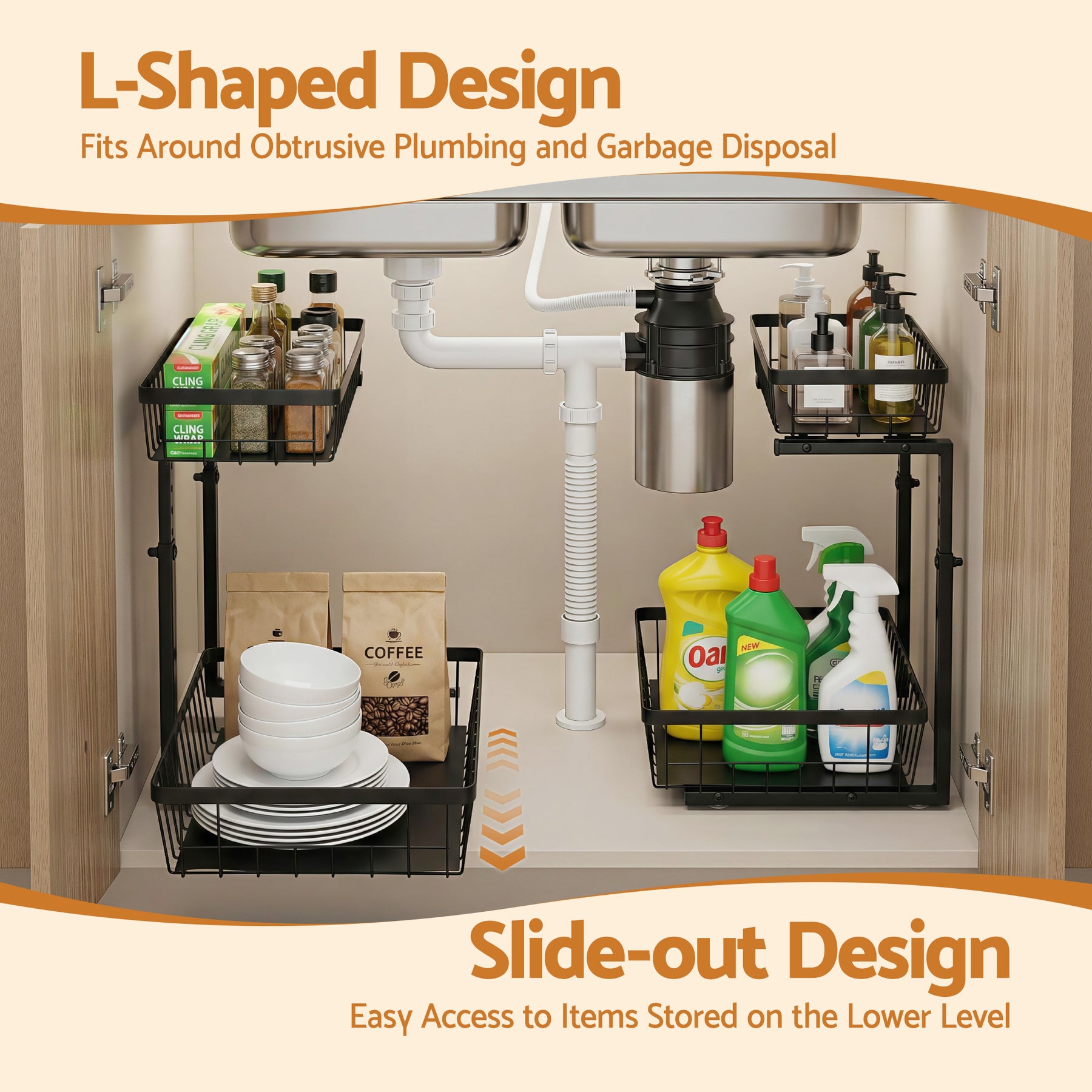 Artiss Black Under Sink Organiser with 2 Slide Out Drawers and 5 Adjustable Heights