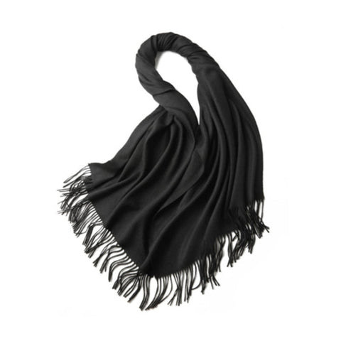 100% Merino Wool Shawl Scarf 70 x 200 cm - Soft, Cozy, Elegant Tassels - Black - SuperSaverAU - view 1