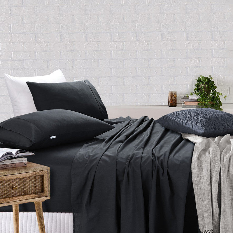 Elan Linen Vintage Washed 100% Egyptian Cotton Bed Sheets Set, Charcoal, Single - SuperSaverAU - view 1