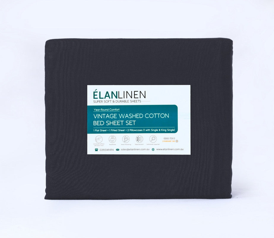 Elan Linen Vintage Washed 100% Egyptian Cotton Bed Sheets Set, Charcoal, Single - SuperSaverAU - view 6