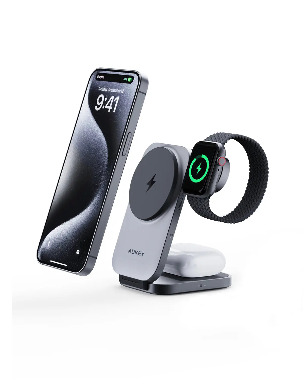 Aukey Foldable 3-in-1 Magnetic Wireless Charger - 15W Fast Charge - SuperSaverAU - view 2