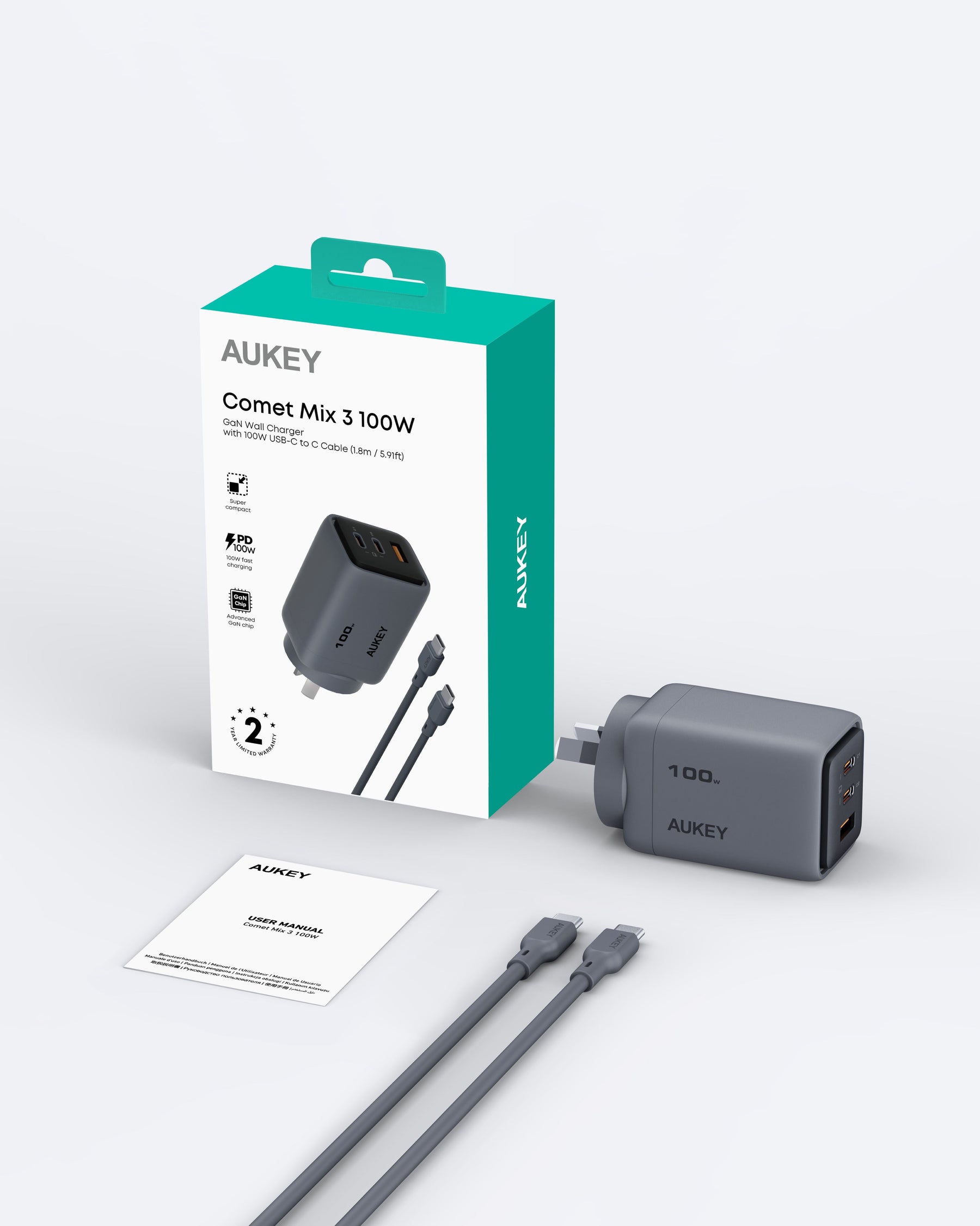 Aukey Comet 100W PD GaN USB-C Wall Charger with 1.8m Cable - SuperSaverAU - view 8