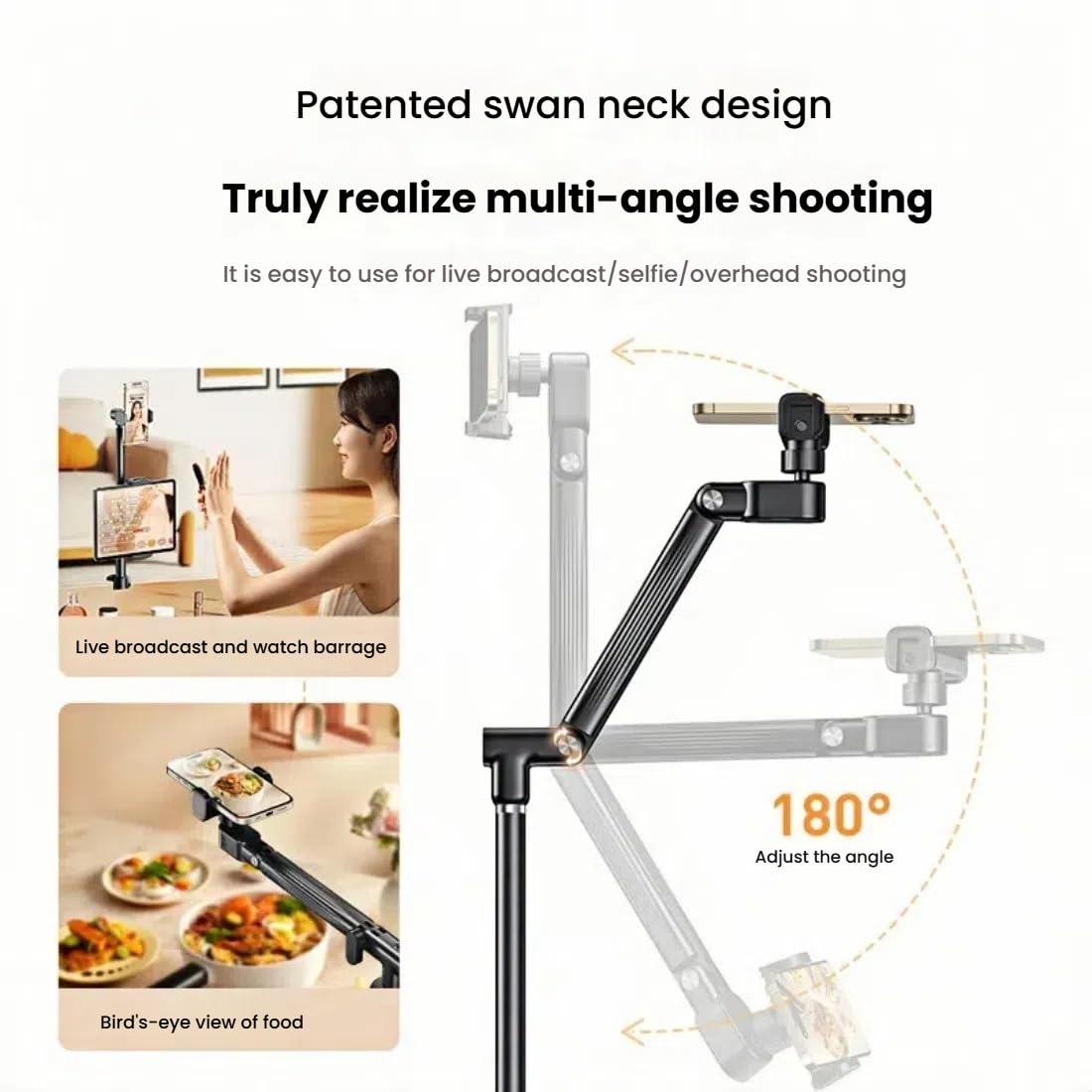 Premium Black Floor Standing Phone Tripod with Swan Neck Arm and Remote