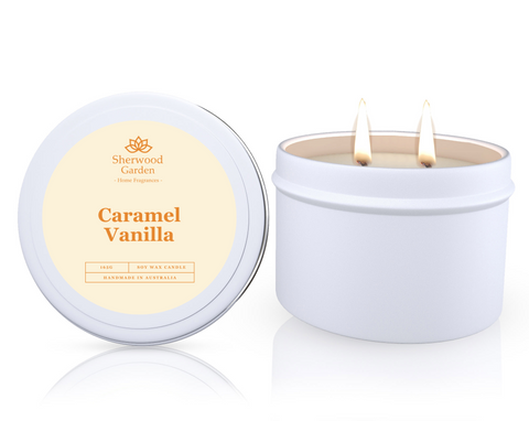 Caramel Vanilla Soy Candle Tin 165g - Handmade, Cedarwood Infused, 25hrs+ Burn - SuperSaverAU - view 1
