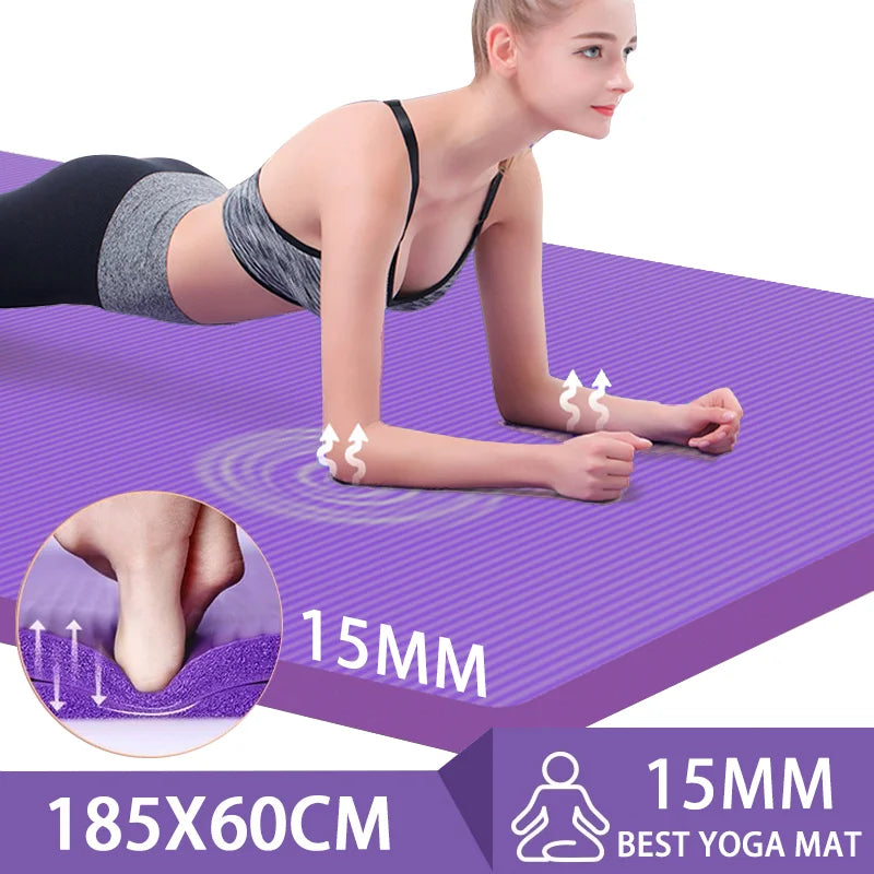 Premium Purple 15mm Anti-Slip Yoga Mat with Carry Bag - 185 x 60cm