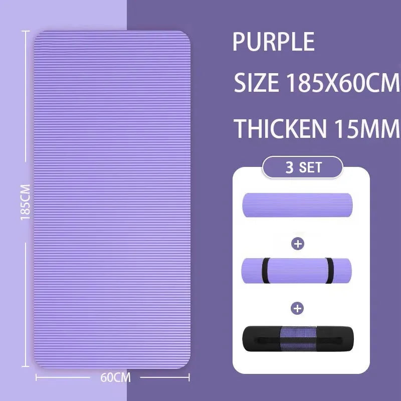 Premium Purple 15mm Anti-Slip Yoga Mat with Carry Bag - 185 x 60cm