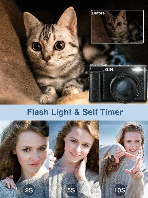 Premium Black 4K Digital Camera with Autofocus Anti Shake and Flip Screen