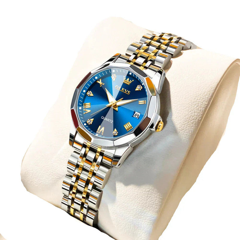 Premium Women's Gold Blue Stainless Steel Quartz Watch 3Bar