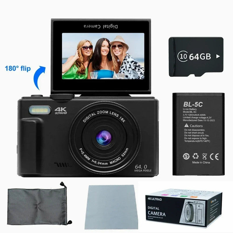 Premium Black 4K 64MP Vlogging Digital Camera with 64GB Card