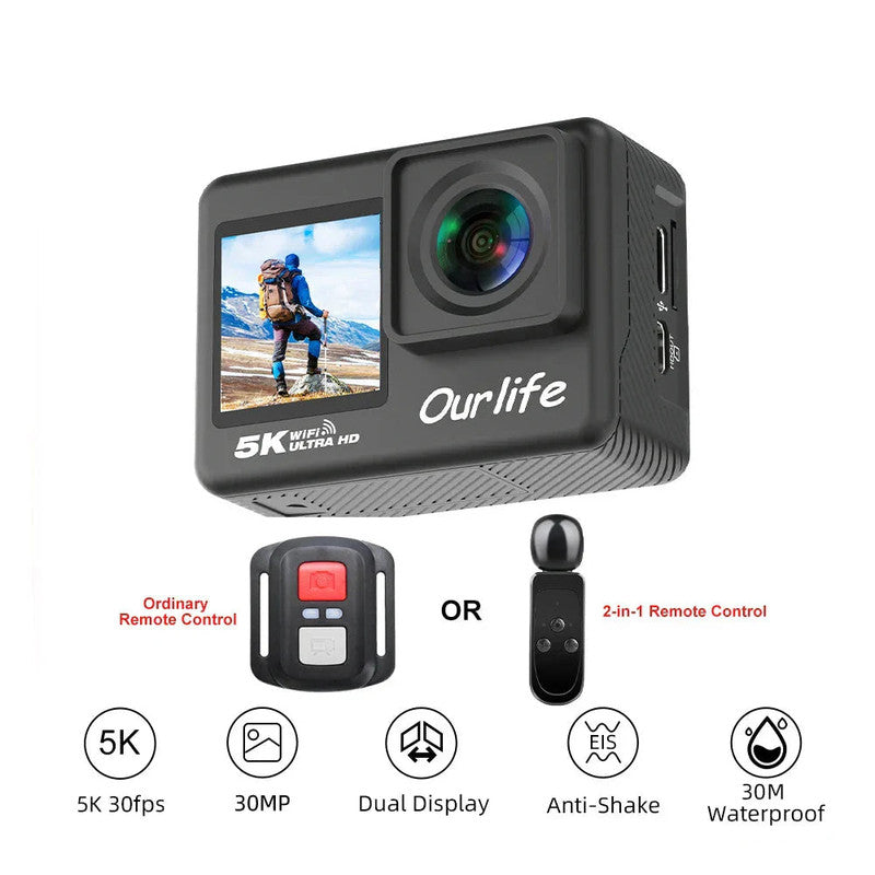 Premium Black 5K Waterproof Action Camera with Touchscreen and 64GB Card