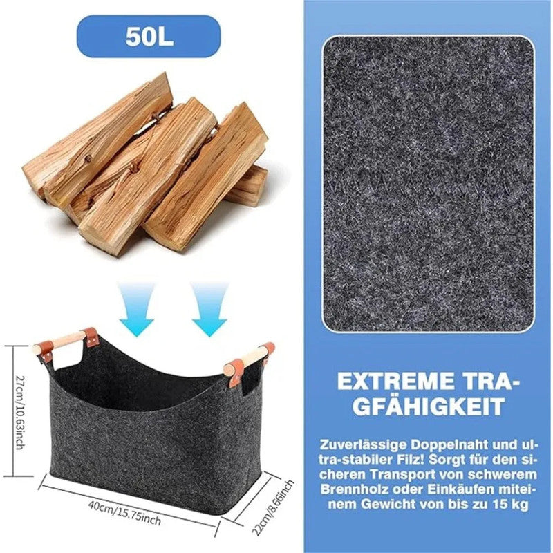 Foldable Felt Firewood Storage Basket 50L with Wooden Handles