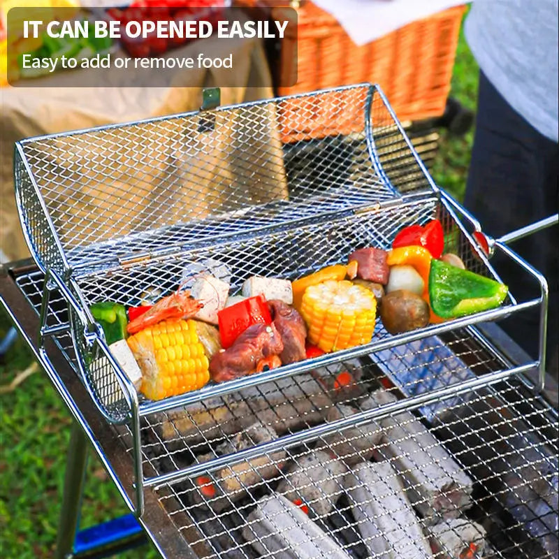 Premium 12 Inch Stainless Steel Rolling BBQ Grill Mesh Rotisserie Basket