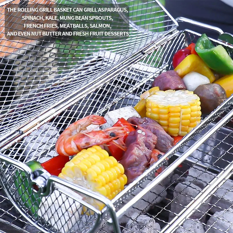 Premium 12 Inch Stainless Steel Rolling BBQ Grill Mesh Rotisserie Basket