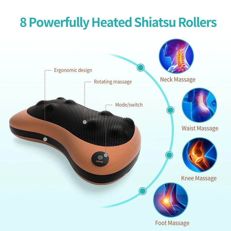 Brown Electric Shiatsu Neck and Back Massage Pillow with Heat and Chair Strap