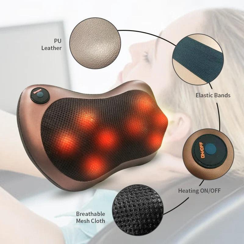 Brown Electric Shiatsu Neck and Back Massage Pillow with Heat and Chair Strap