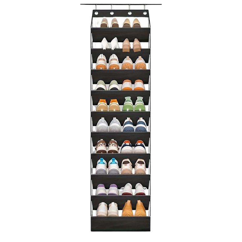 10 Tier Over the Door Foldable Shoe Organiser Black Holds 20 Pairs