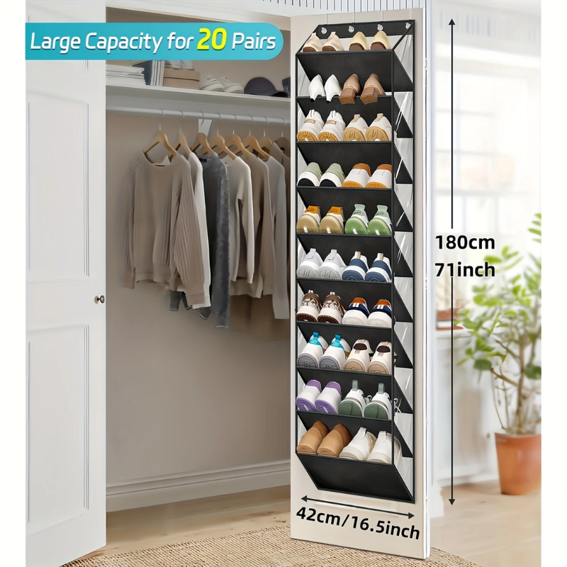 10 Tier Over the Door Foldable Shoe Organiser Black Holds 20 Pairs