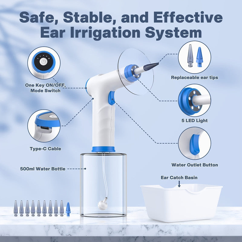 Sky Blue Electric Ear Irrigation System Kit with 10 Nozzles and USB Charging