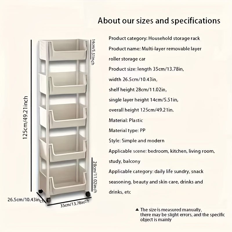 5 Tier Mobile Bookshelf Office Cart Light Beige Rolling Storage Organiser