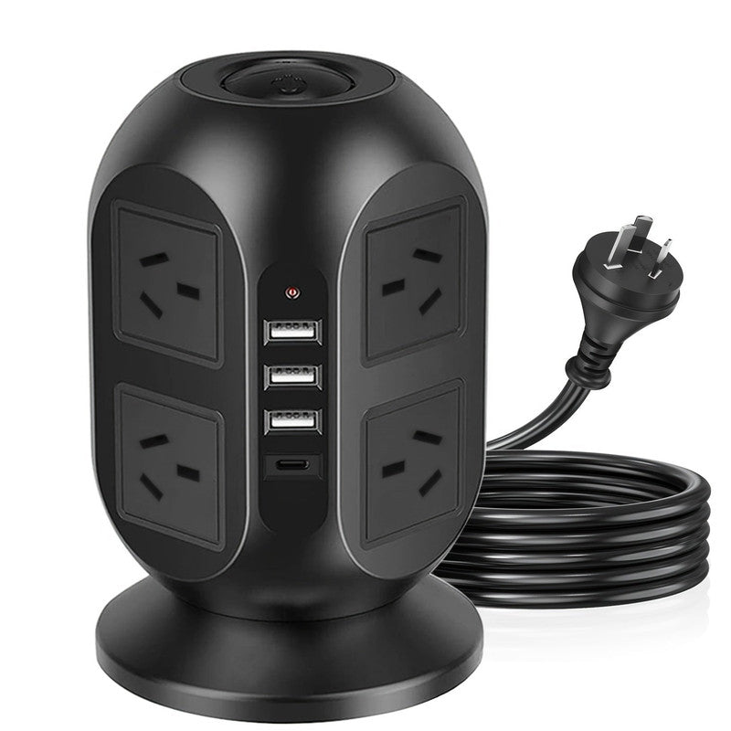 Premium 12-in-1 Tower Power Strip with 8 AC Outlets & USB-C - Black