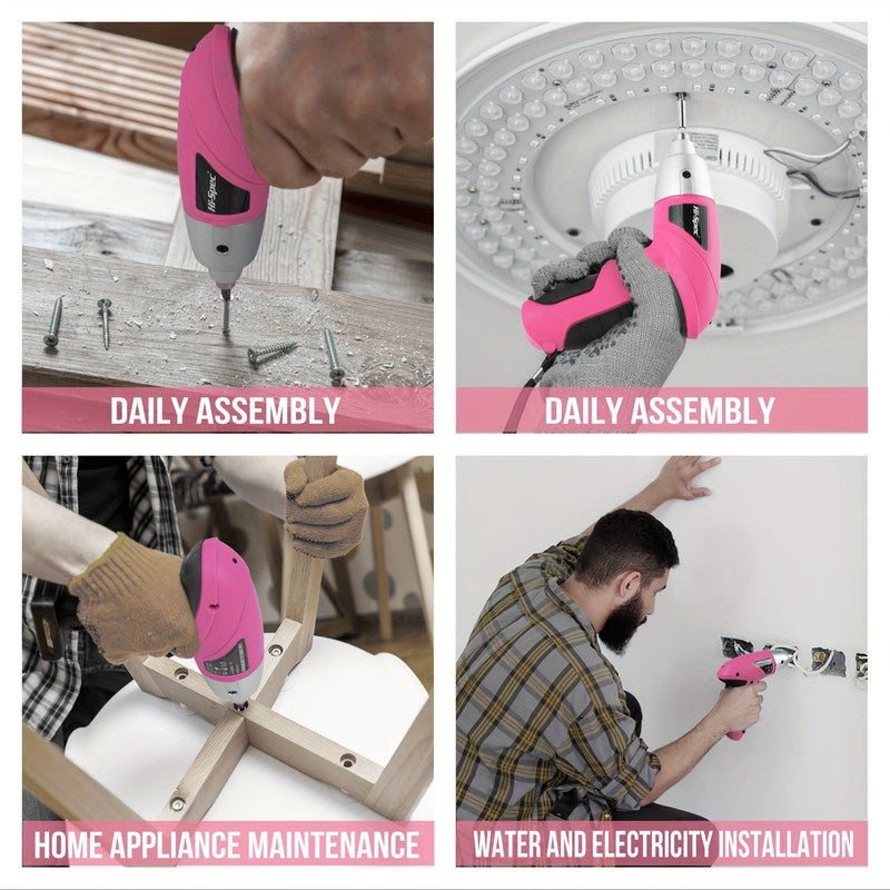Premium Cordless Electric Screwdriver Tool Set with USB Charging - Pink 3.6V