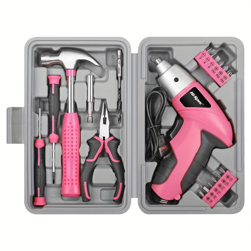 Premium Cordless Electric Screwdriver Tool Set with USB Charging - Pink 3.6V