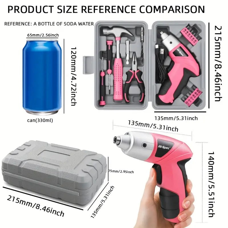Premium Cordless Electric Screwdriver Tool Set with USB Charging - Pink 3.6V