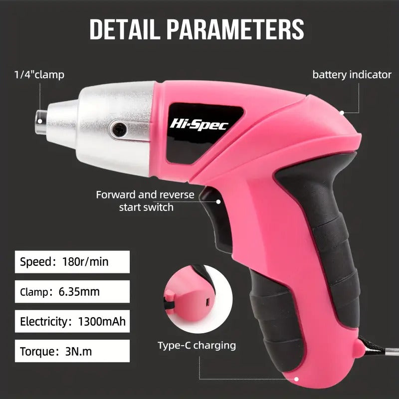 Premium Cordless Electric Screwdriver Tool Set with USB Charging - Pink 3.6V