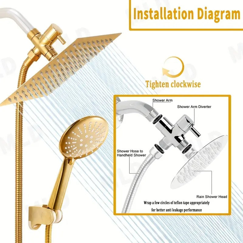 Golden Rainfall Shower Head and Handheld Combo Set with 3 Way Diverter