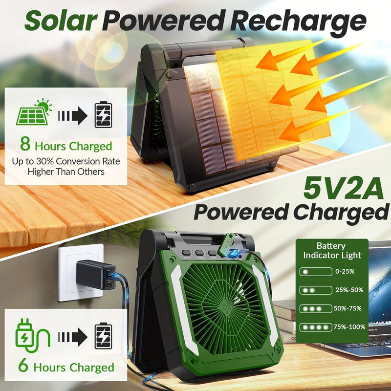 Premium Green 20000mAh Solar Camping Fan with LED Light USB Rechargeable