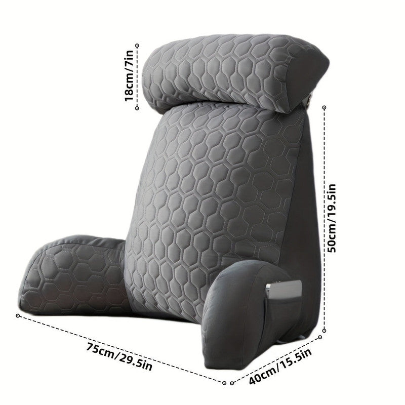 Premium Cool Latex Reading Pillow – Grey Backrest with Armrests & Pockets