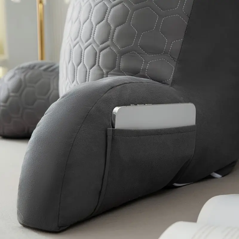 Premium Cool Latex Reading Pillow – Grey Backrest with Armrests & Pockets