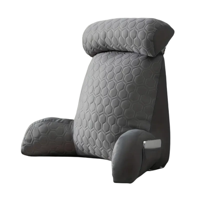 Premium Cool Latex Reading Pillow – Grey Backrest with Armrests & Pockets