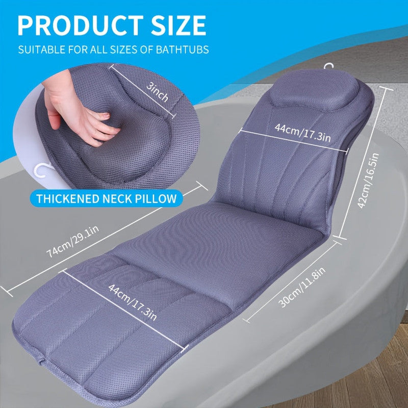 Grey Full Body Bathtub Mat Pillow with 12 Suction Cups and Quick Dry Fabric