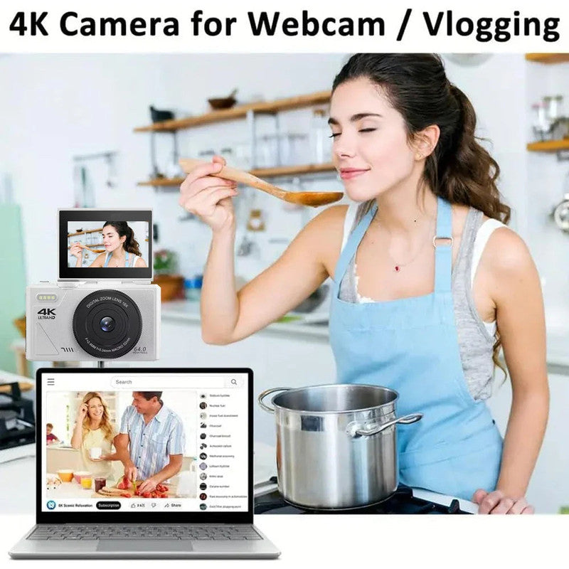 Premium White 4K Digital Camera with 3 Inch Flip Screen WiFi 32GB Card