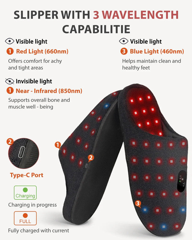 Black Rechargeable Red Light Therapy Slippers with 660nm and 850nm Infrared Light